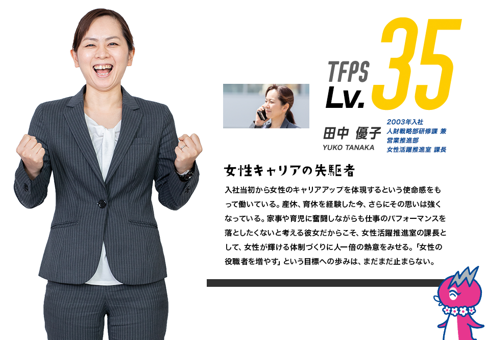 TFPS Lv.35 田中 優子 2002年入社 係長 YUKO TANAKA 現場を知りつくしたオールラウンダー 入社当初から女性のキャリアアップを自分が体現するという強い使命感をもって働いて来た。女性の雇用環境を制度から見直す「はぴたす」。満を持してスタートしたプロジェクトを成功させる為に日々奮闘中。「プロジェクトを通して女性役職者を増加させていくことが、私のチャレンジであり、会社の目標です。」と語るその眼には熱い炎がみなぎる。