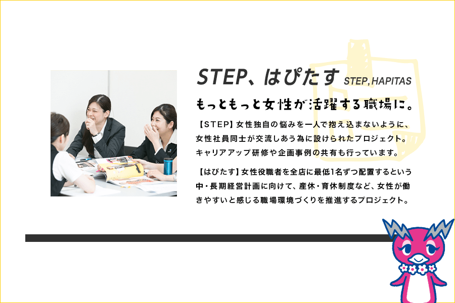 STEP、はぴたす STEP,HAPITAS もっともっと女性が活躍する職場に。【STEP】女性独自の悩みを一人で抱え込まないように、女性社員同士が交流しあう為に設けられたプロジェクト。キャリアアップ研修や企画事例の共有も行っています。【はぴたす】女性役職者を全店に最低1名ずつ配置するという中・長期経営計画に向けて、産休・育休制度など、女性が働きやすいと感じる職場環境づくりを推進するプロジェクト。